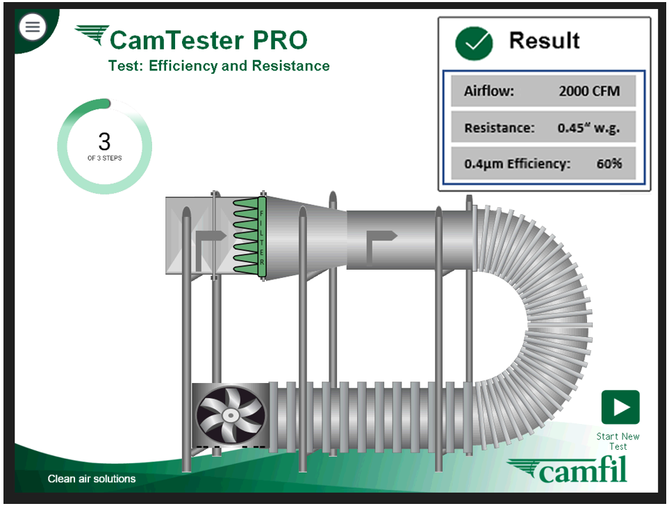 Camfil CamTester Pro Mobile Air Filter Test Result of Hi-Flo ES MERV 14A Pocket Filter