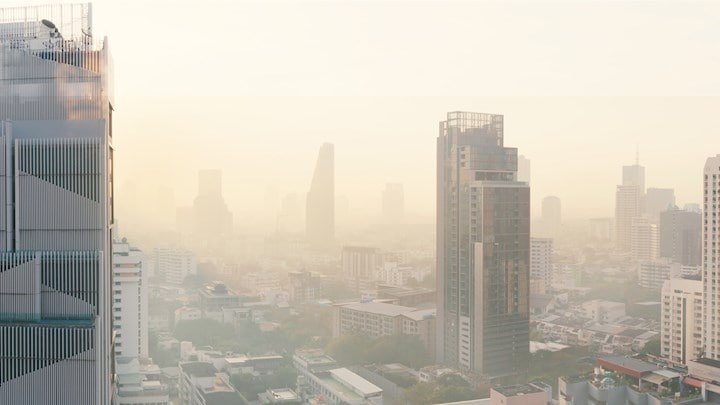 city center with smog