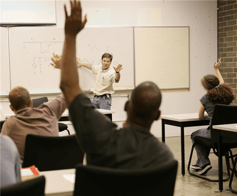 Classroom with students raising their hand and teacher
