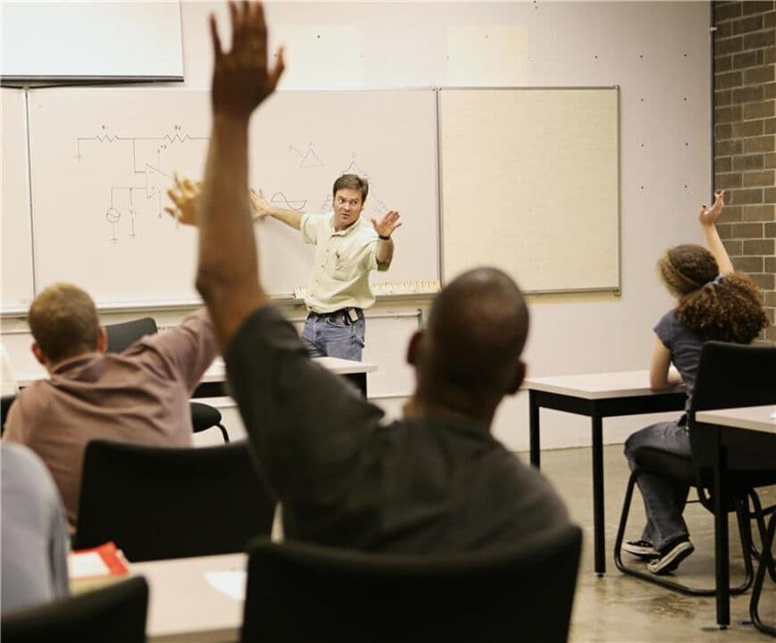 Classroom with students raising their hand and teacher