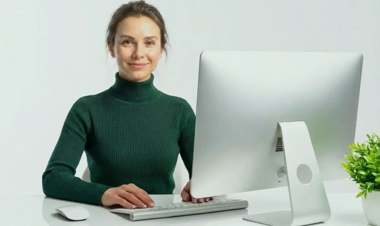 Femme assise devant un ordinateur