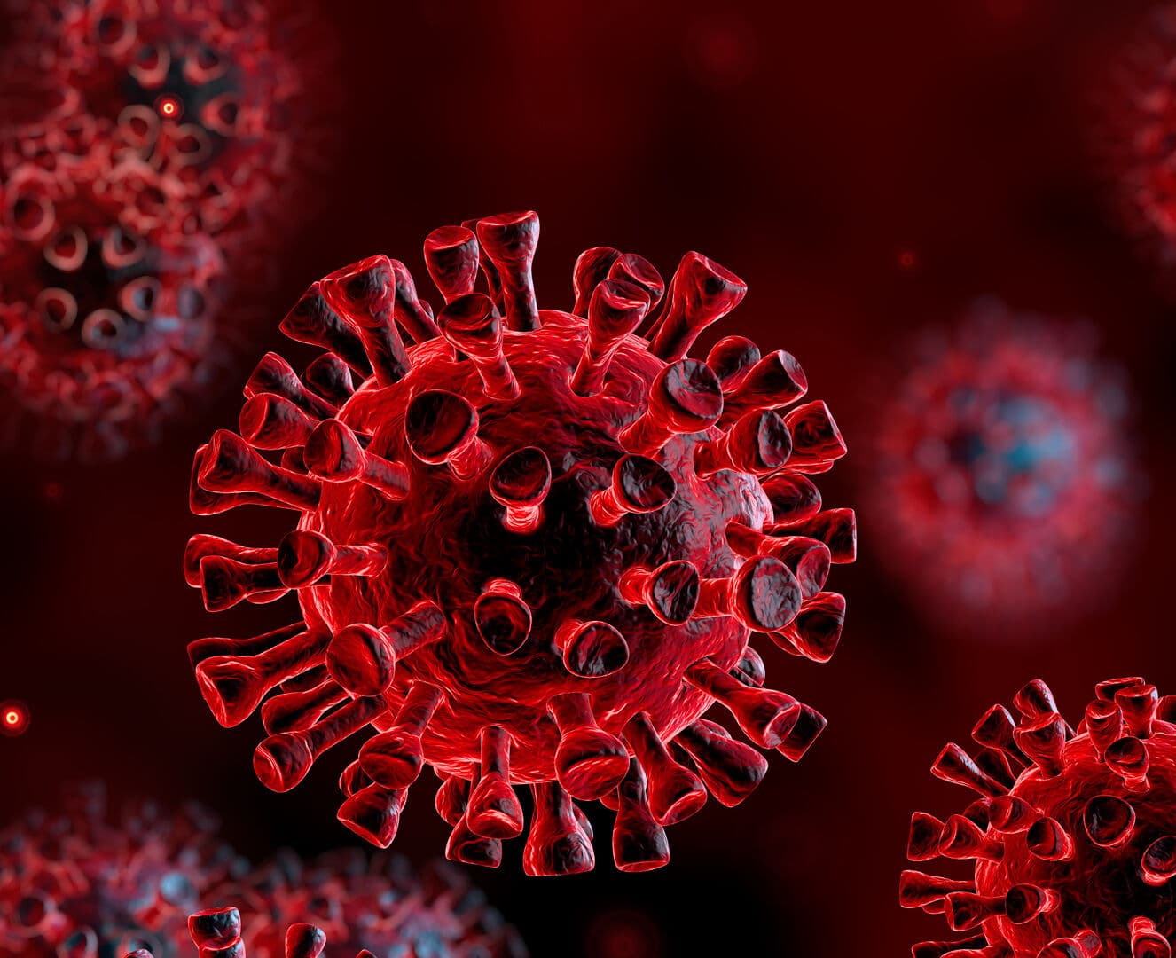 Corona Virus In Red Background - Microbiology And Virology Concept - 3d Rendering