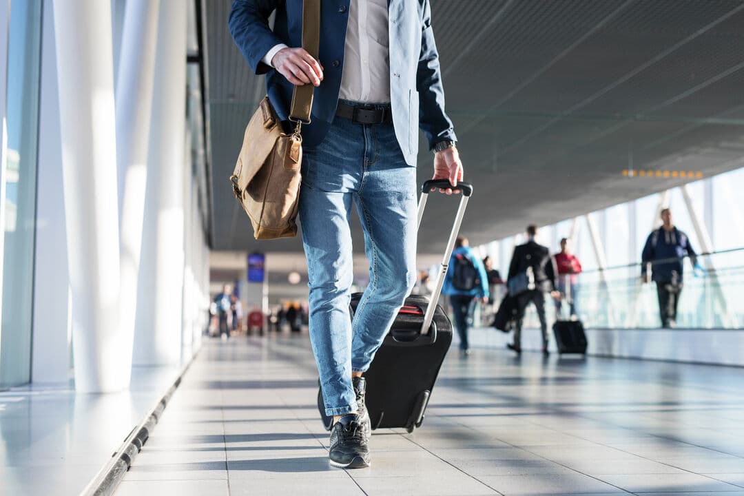 Airport terminal with traveler and luggage, on the move, going, flight, gate, terminal, work, trip, suitcase, airport, business, travel, male, young, man, businessman