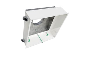 CamSeal 3 HEPA-Filtergehäuse für die Deckenmontage mit rundem Anschluss oben. Geeignet für turbulente Zu- oder Abluftströmungen in kontrollierten Umgebungen.