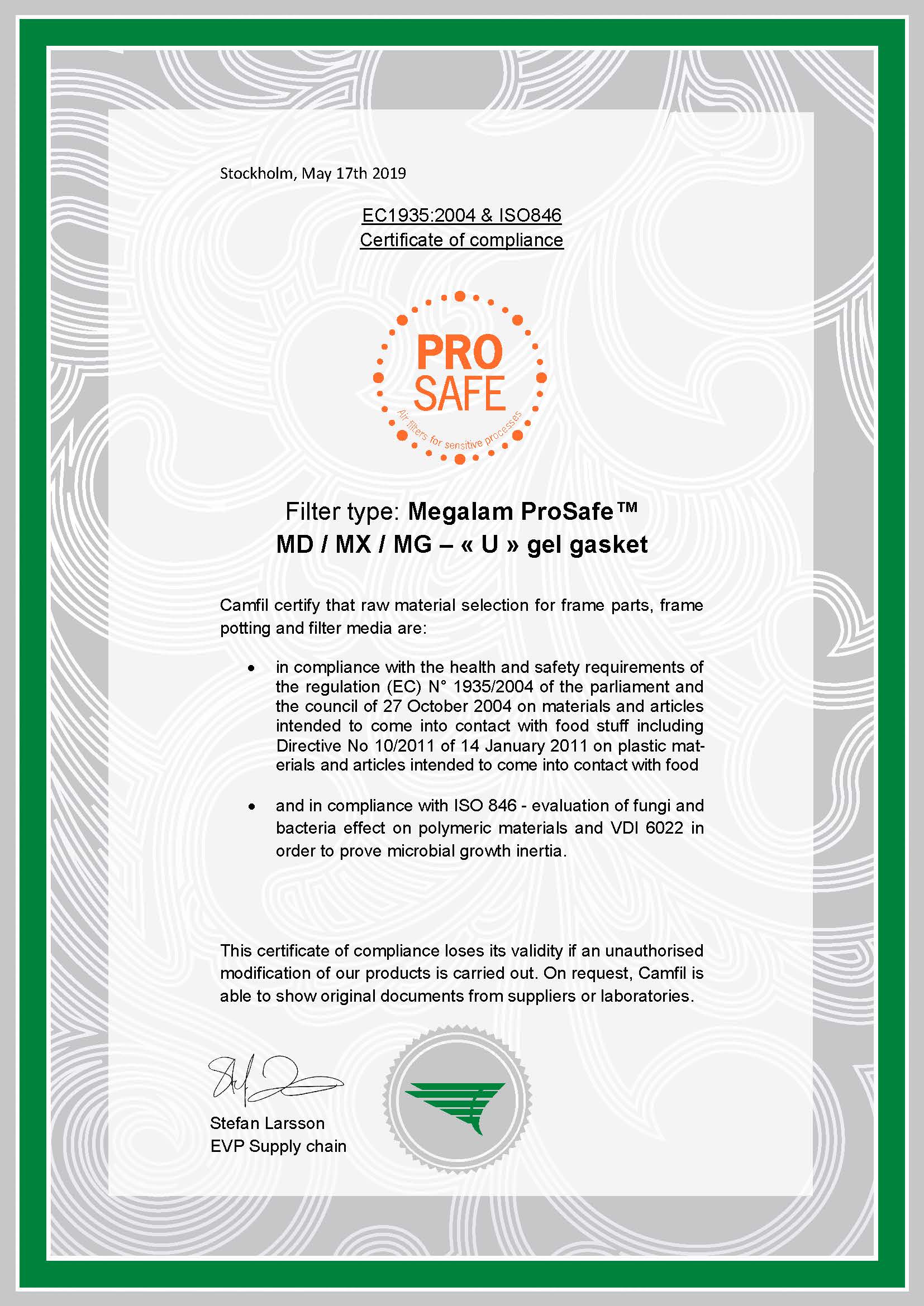 ProSafe Zertifikat EC1935:2004 und ISO 846