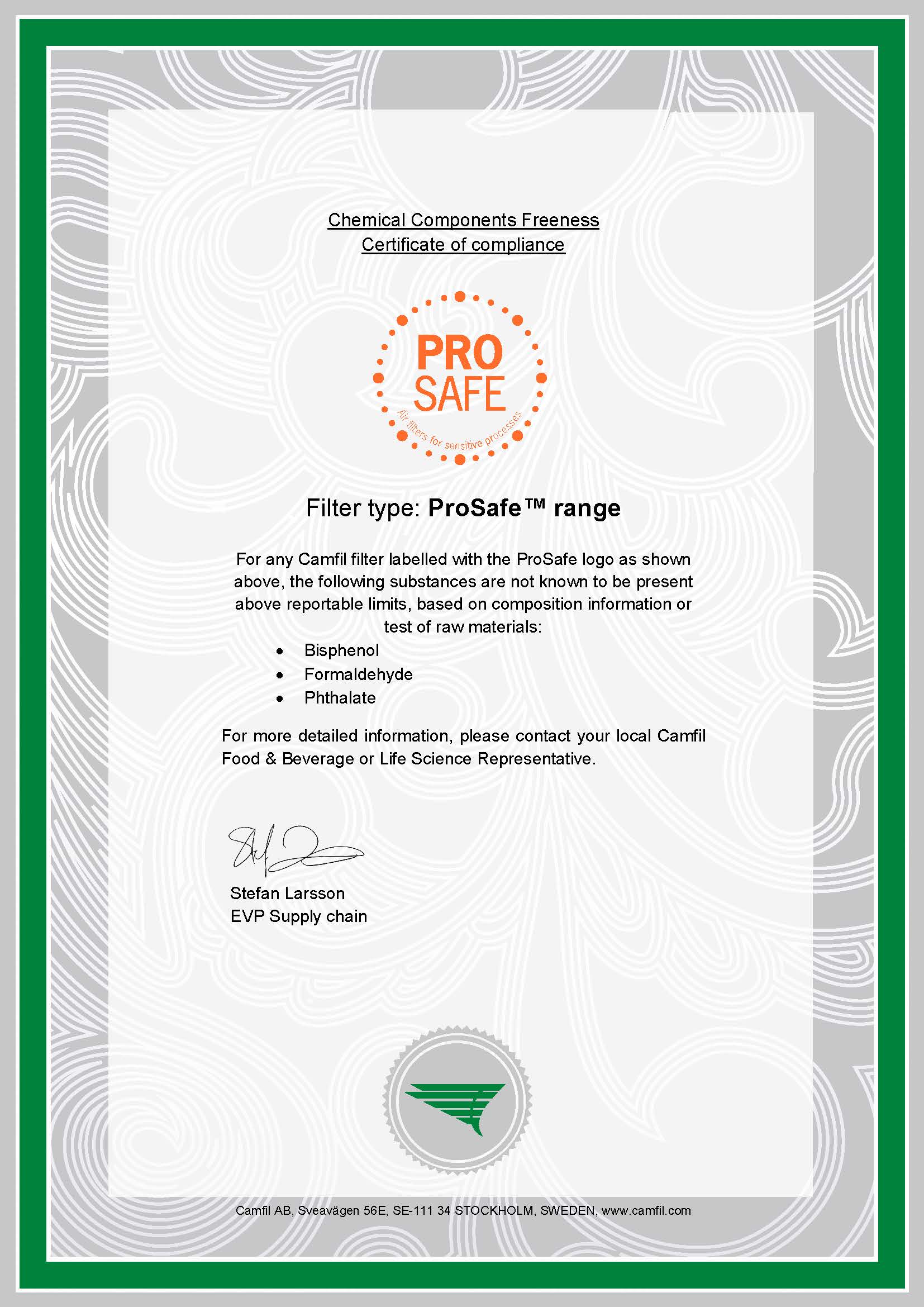 ProSafe Zertifikat Frei von chemischen Materialien