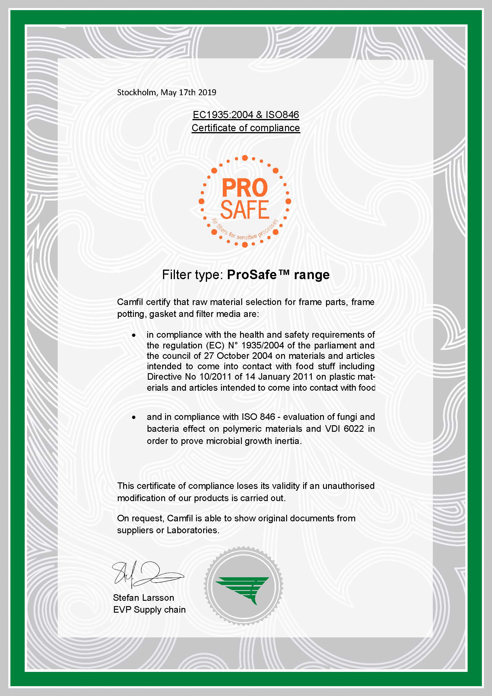 ProSafe Zertifikat EC1935:2004 und ISO 846 Dichtung