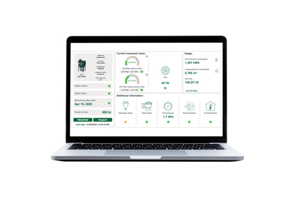 Dashboard of a GSX dust collector monitored with GoldLink Connect, showing status and performance data.