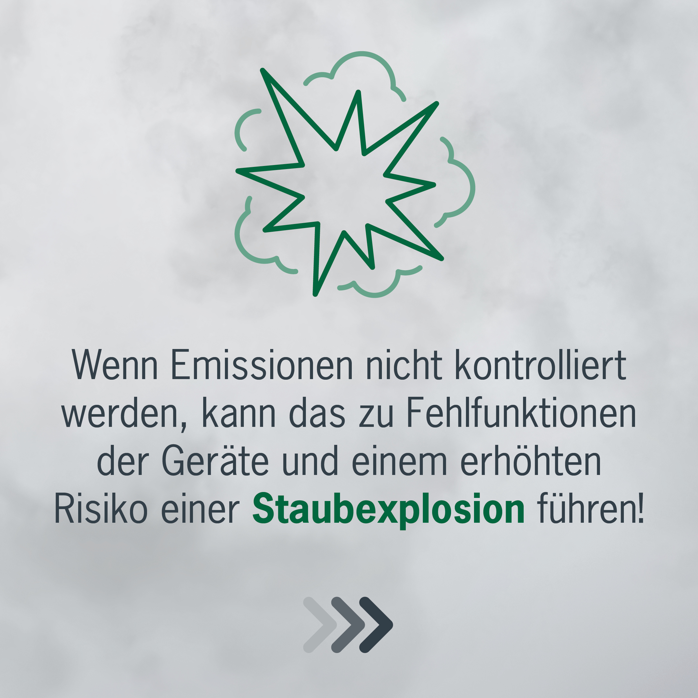 Wenn Emissionen nicht kontrolliert werden, kann das zu Fehlfunktionen der Geräte und einem erhöhten Risiko einer Staubexplosion führen!