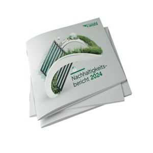 A pile of three copies of the 2024 Sustainability Report , German-language version