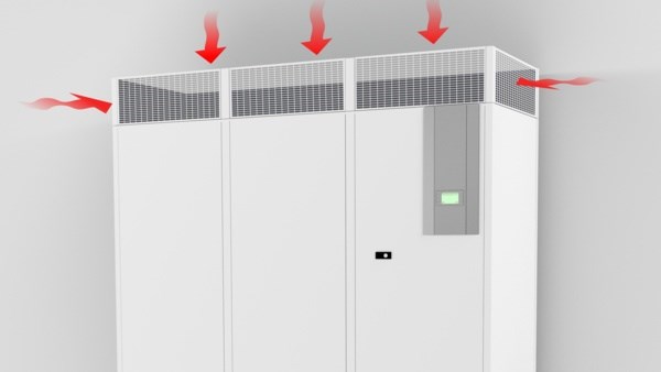 3d rendering of a air conditioning unit for a computer data center showing hot and cold air through the system.