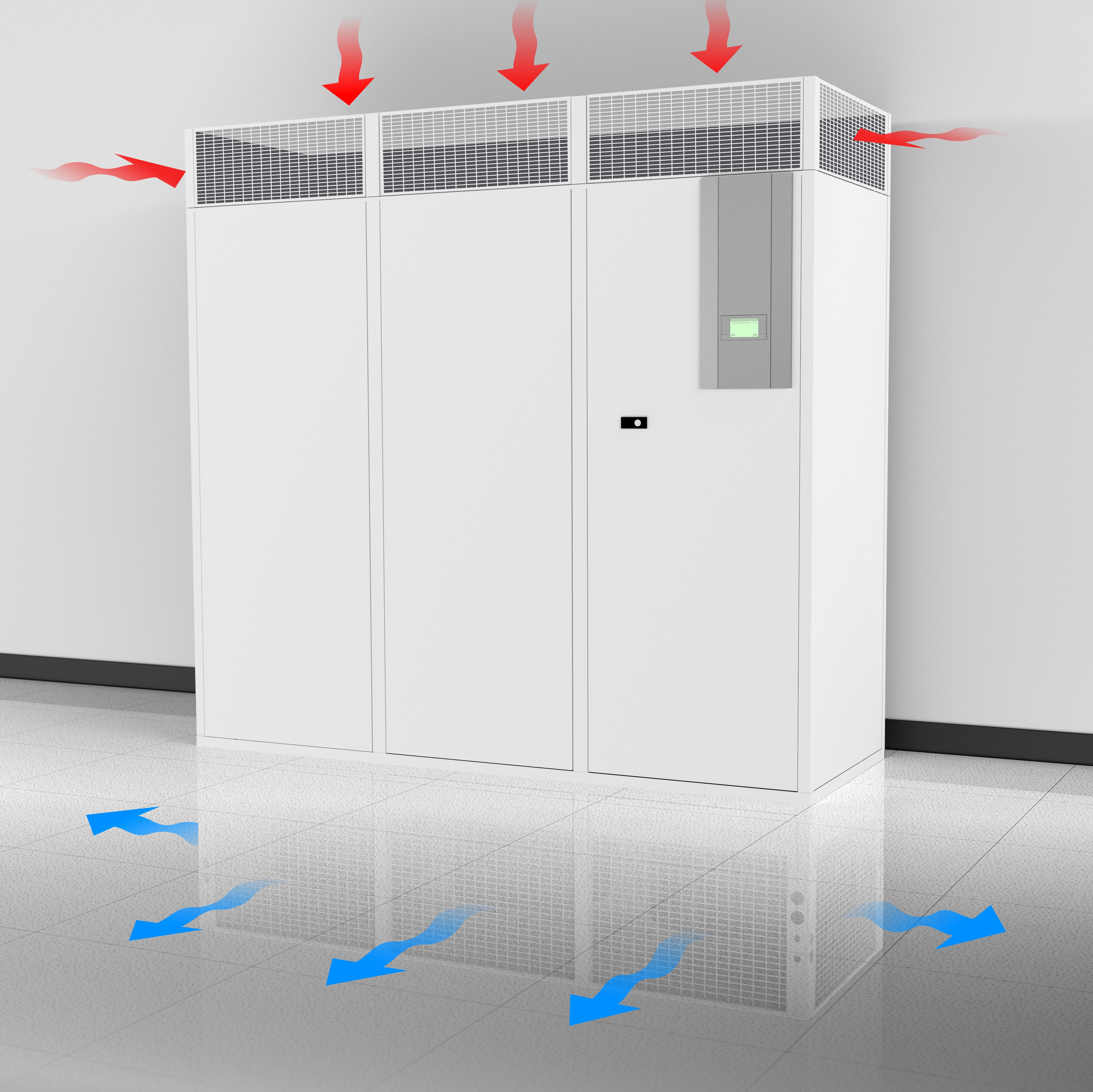 3d rendering of a air conditioning unit for a computer data center showing hot and cold air through the system.