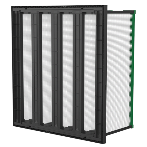 Durafil ES³ high capacity, high efficiency, V-bank style air filter with ABS plastic frame. 5-Star ECI rating. Available in MERV 13A, MERV 14A, MERV 16A